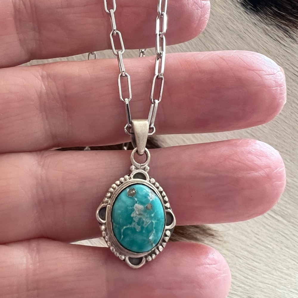 ❤️ White Water Turquoise Matte Brushed Sterling Navajo Style Pendant 1.01”L